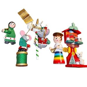 Five Vintage Wooden Christmas  Ornaments Early 1980's Dakin Cuckoo Clock Mouse